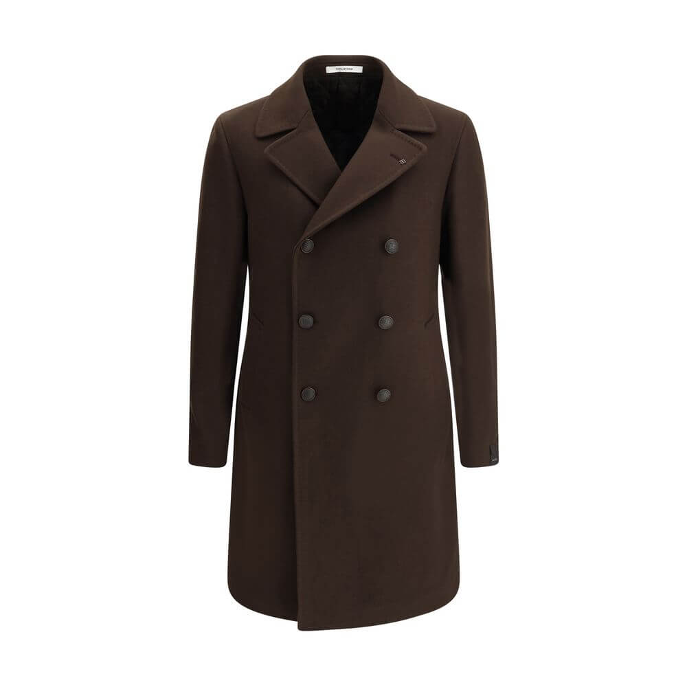 Tagliatore Brown Wool Coat featuring double-breasted design, wide lapels, side welt pockets, and martingale detail for elegant style.