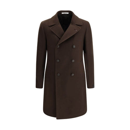 Tagliatore Brown Wool Coat featuring double-breasted design, wide lapels, side welt pockets, and martingale detail for elegant style.