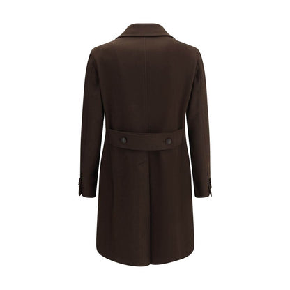 Back view of Tagliatore Brown Wool Coat with double-breasted design, wide lapel, and back martingale detail for elegant style.