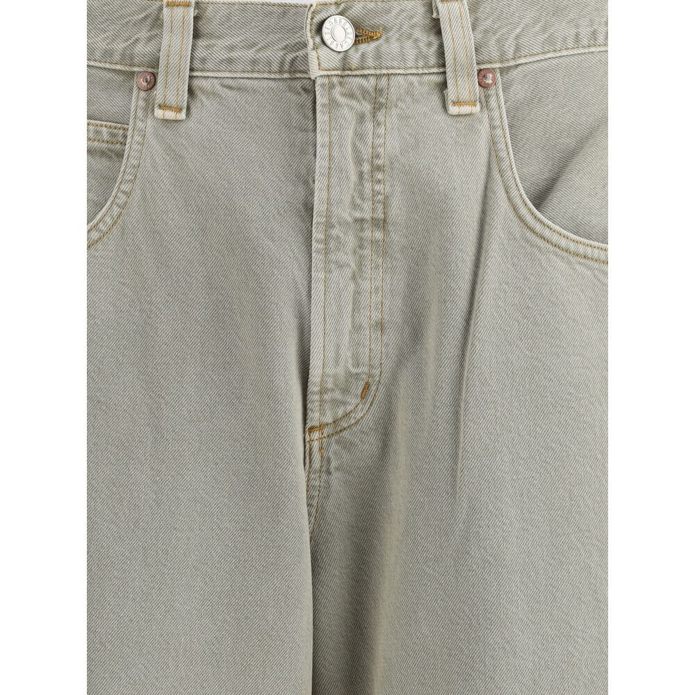 Close-up of Agolde Gray Cotton Jeans Denim showcasing classic five-pocket design and front button closure.