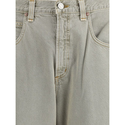 Close-up of Agolde Gray Cotton Jeans Denim showcasing classic five-pocket design and front button closure.