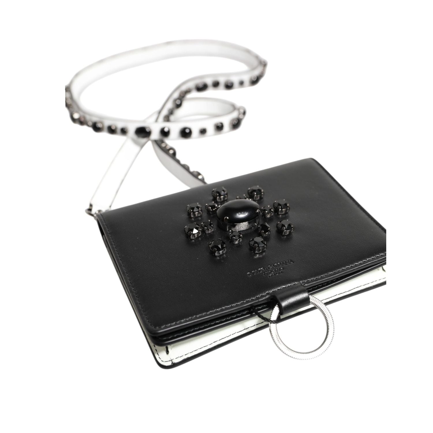 Dolce & Gabbana Black Leather Crystal Embellished Card Holder Wallet