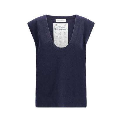Extreme Cashmere Blue Cashmere Sleeveless Sweater with deep ribbed neckline
