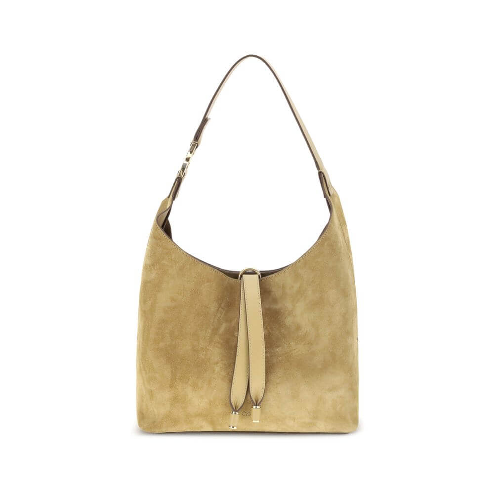 Chloé Beige Calf Leather Bos Taurus Shoulder Bag with suede finish, tasseled closure, and golden metallic detail, perfect for AW25.