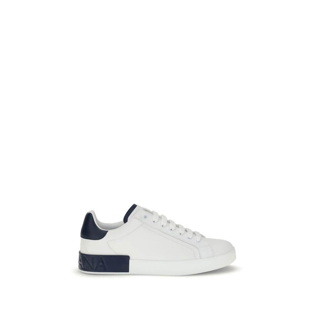 Dolce & Gabbana White Calf Leather Bos Taurus Low Top Sneakers featuring a logo stripe and heel detail.