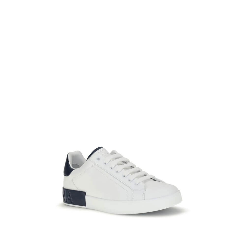 Dolce & Gabbana White Calf Leather Bos Taurus Low Top Sneakers with heel detail and logo stripe. Made in Italy.