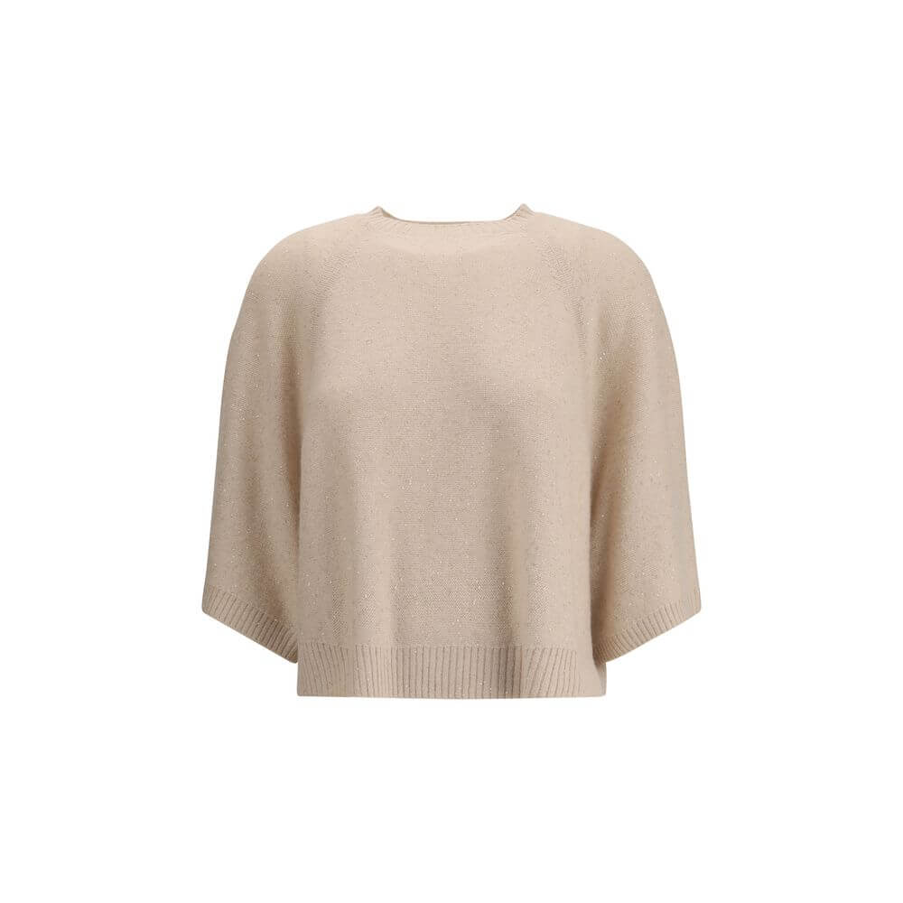 Fabiana Filippi Beige Fleece Wool Sweatshirt with sequins, ribbed crew neck, and wide 3/4 sleeves, perfect for a sophisticated look.
