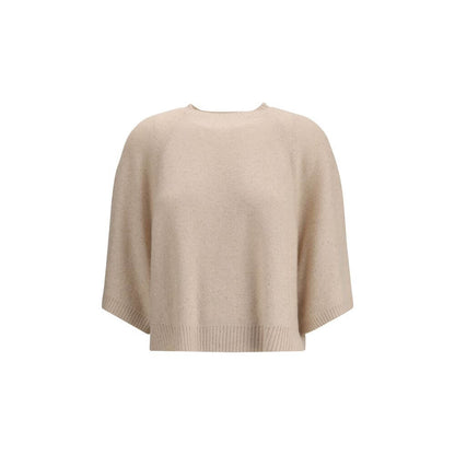 Fabiana Filippi Beige Fleece Wool Sweatshirt with sequins, ribbed crew neck, and wide 3/4 sleeves, perfect for a sophisticated look.