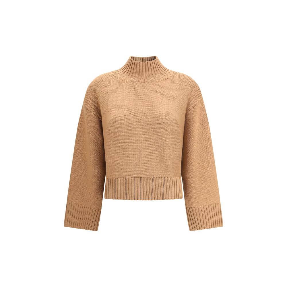 Fabiana Filippi Beige Fleece Wool Sweatshirt with ribbed high neck and hem, perfect for cooler days, made in Italy, AW25 season.