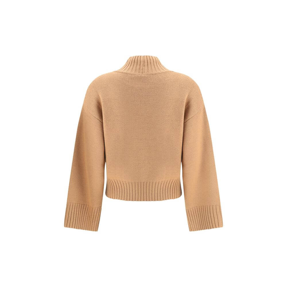 Back view of Fabiana Filippi Beige Fleece Wool Sweatshirt with ribbed high neck and cuffs, perfect for cooler days, made in Italy.