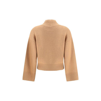 Back view of Fabiana Filippi Beige Fleece Wool Sweatshirt with ribbed high neck and cuffs, perfect for cooler days, made in Italy.