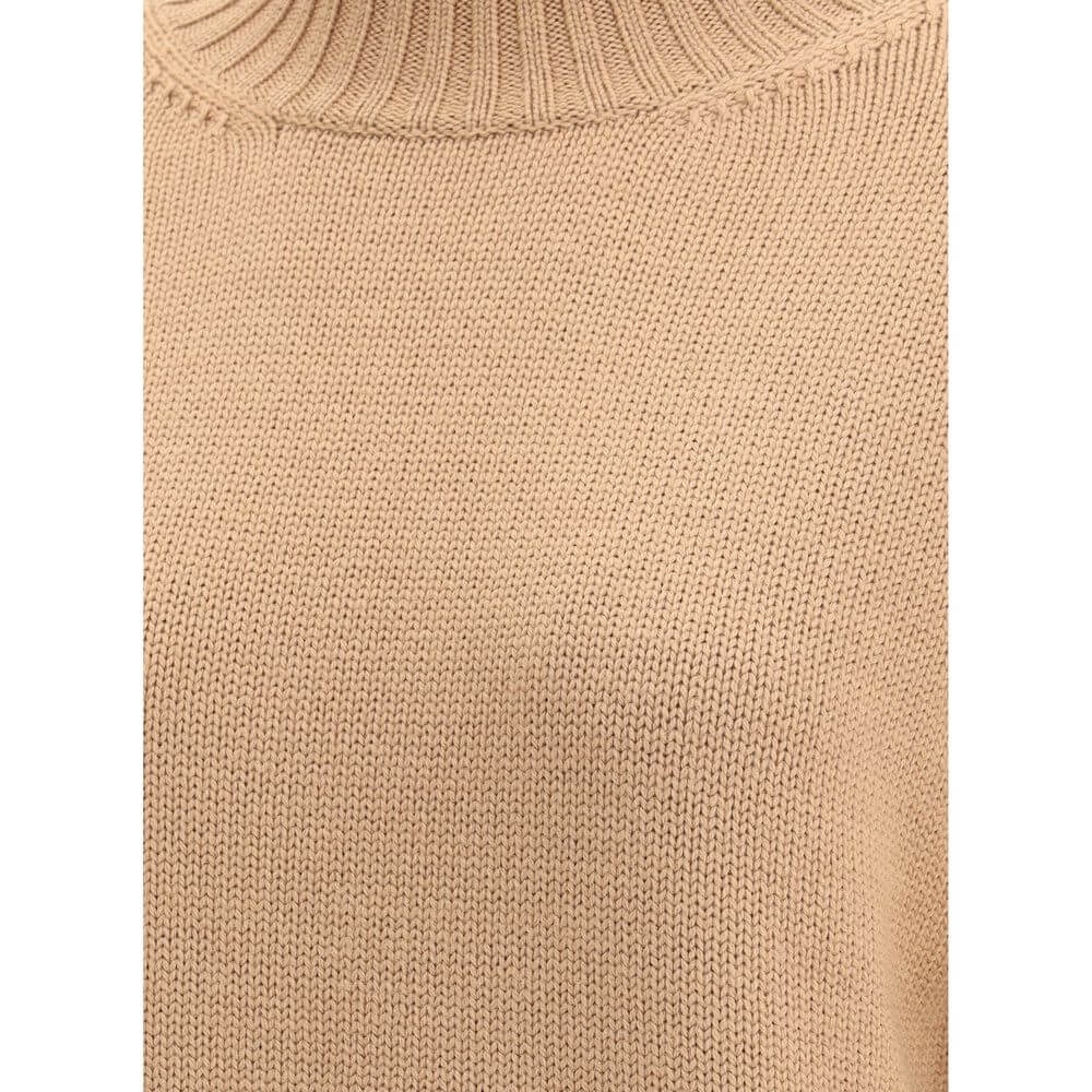Fabiana Filippi Beige Fleece Wool Sweatshirt with ribbed turtleneck and hem for a refined look, made from 100% fleece wool, autumn-winter 2025.