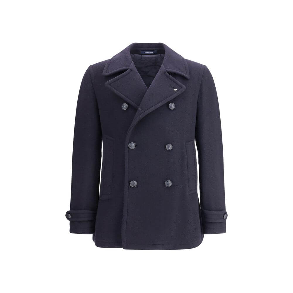Tagliatore Blue Wool Coat with double-breasted button closure, wide lapel, and front welt pockets for AW25. Italian-made elegance.