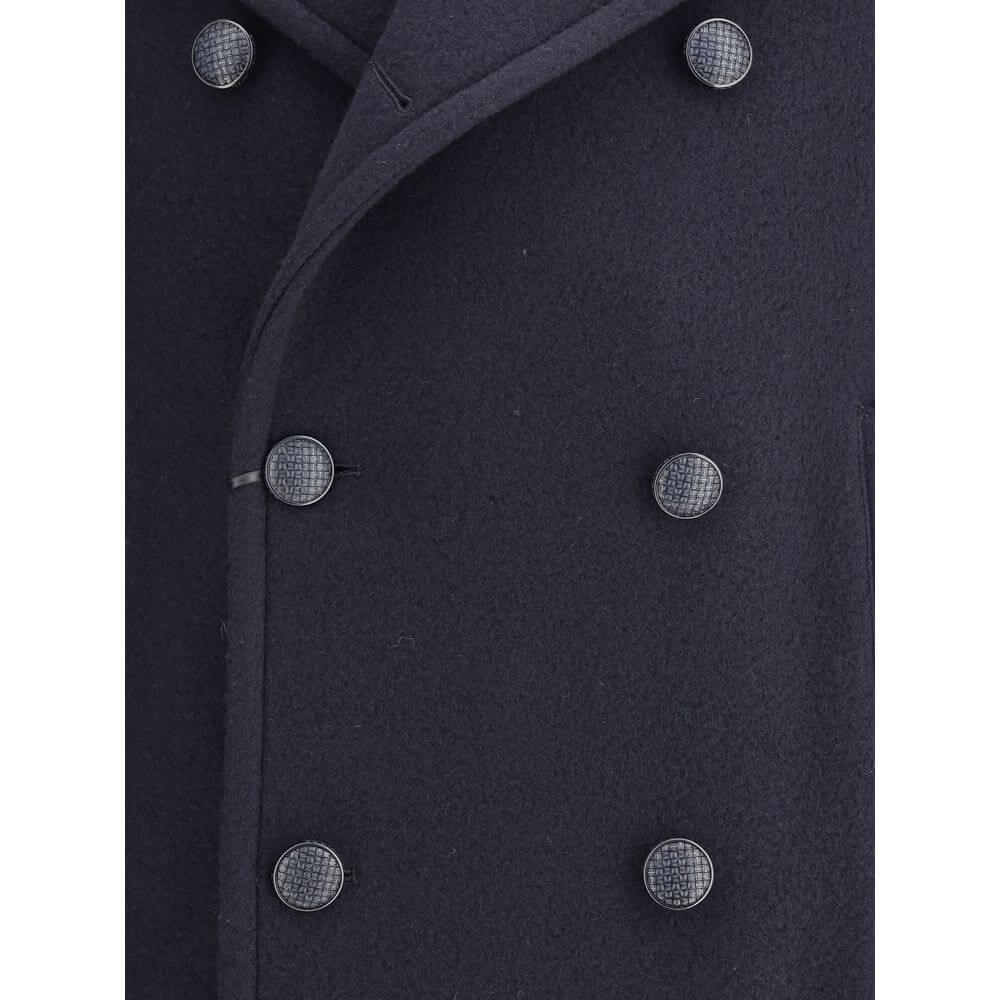 Close-up of Tagliatore Blue Wool Coat showing double-breasted button design and stylish lapel.