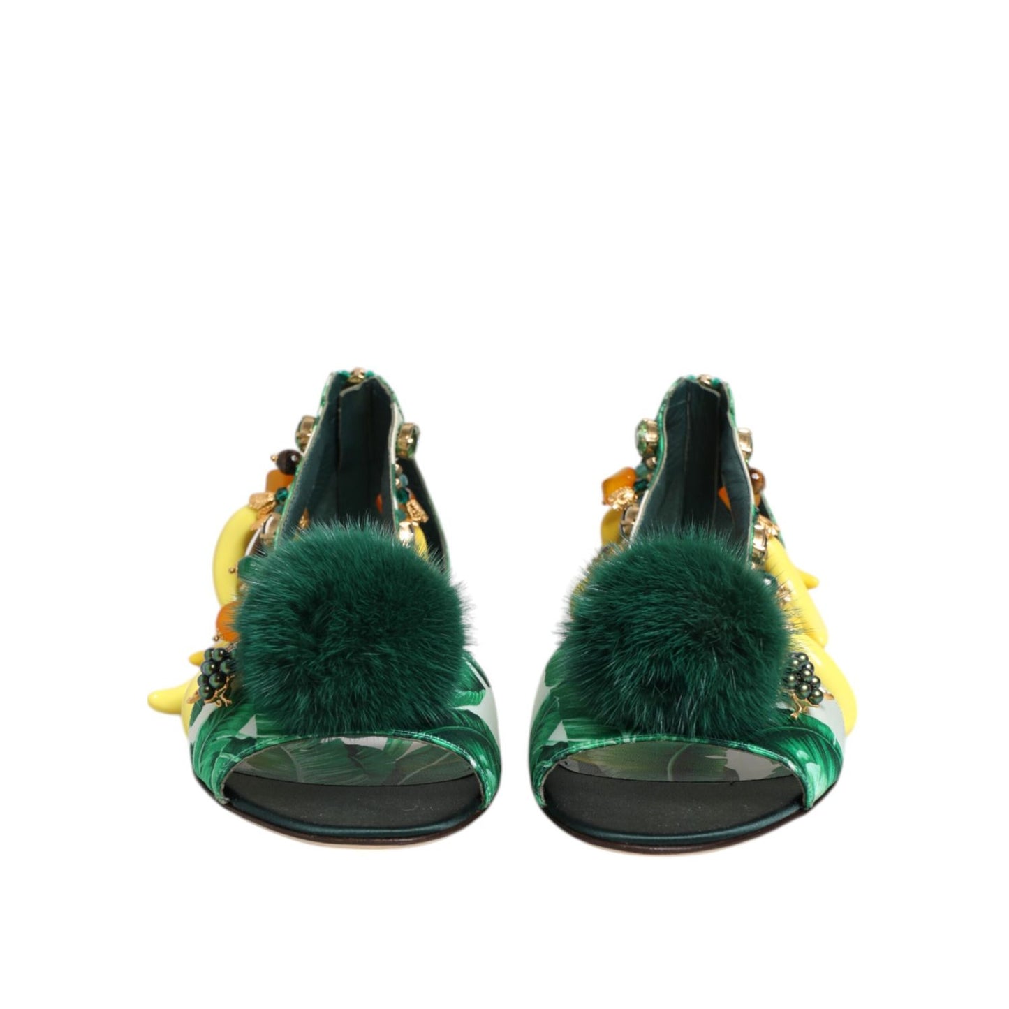 Dolce & Gabbana Green Mink Fur Satin Banana Leaf Sandals Shoes