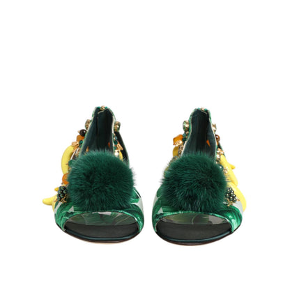 Dolce & Gabbana Green Mink Fur Satin Banana Leaf Sandals Shoes