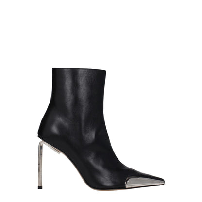 Off-White Black Leather Ankle Boots with silver accents and high heel, featuring side and back logos.