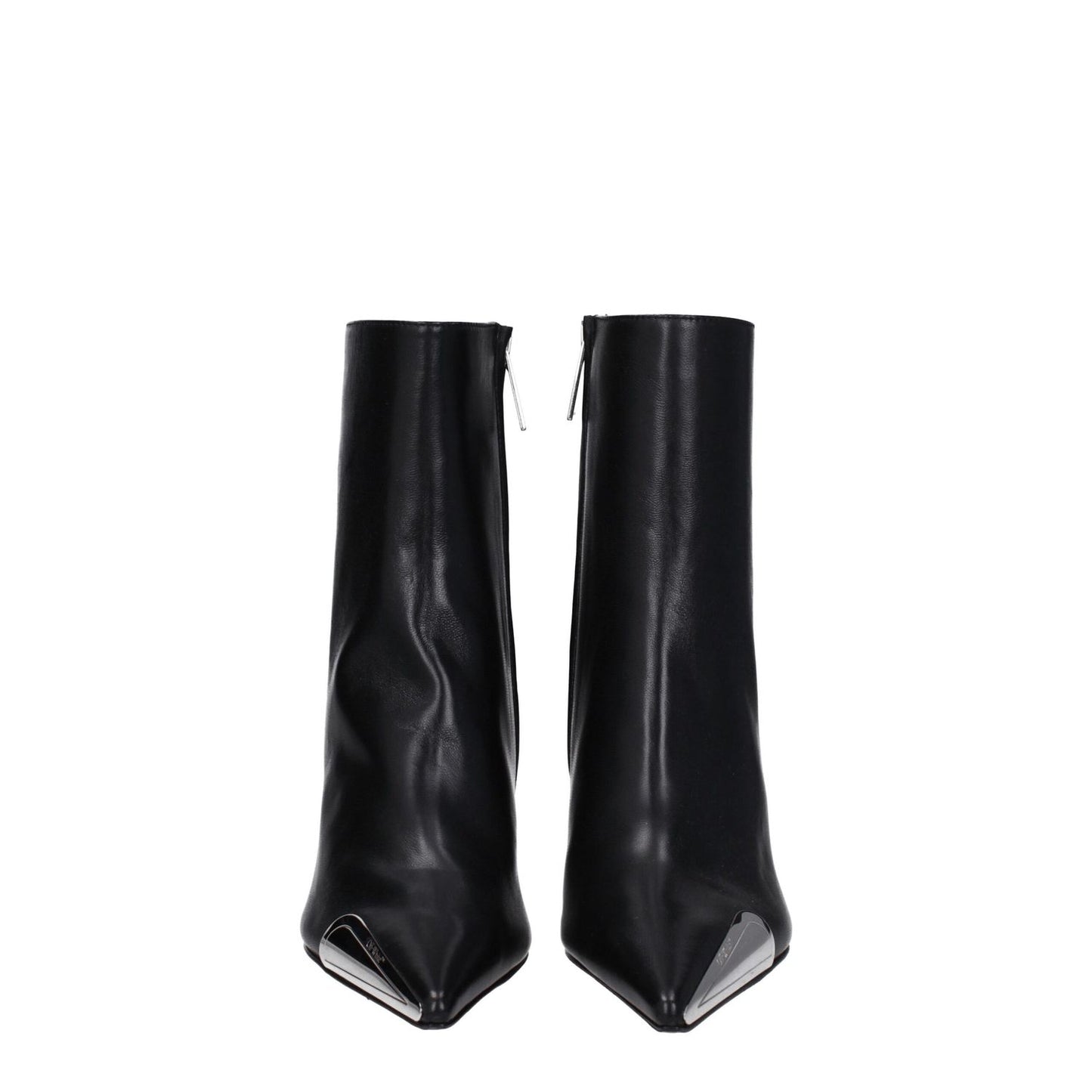 Off-White Black Leather Ankle Boots with high heels, side and back logos, zip closure, and silver vintage style, code F78933.