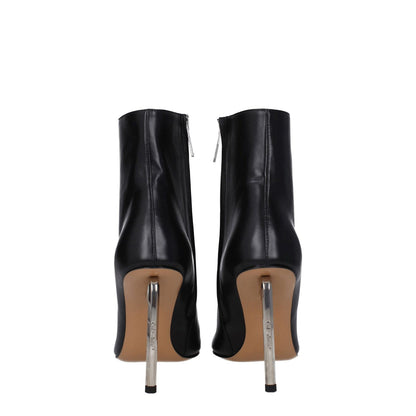 Off-White Black Leather Ankle Boots with high heel and zip closure, showcasing back view and silver color details.