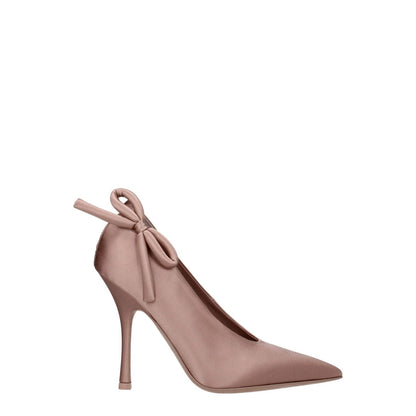 Valentino Garavani Pink Satin High Heel Pumps with pointy toe and side detail, leather sole, 11 cm heel, stylish design.