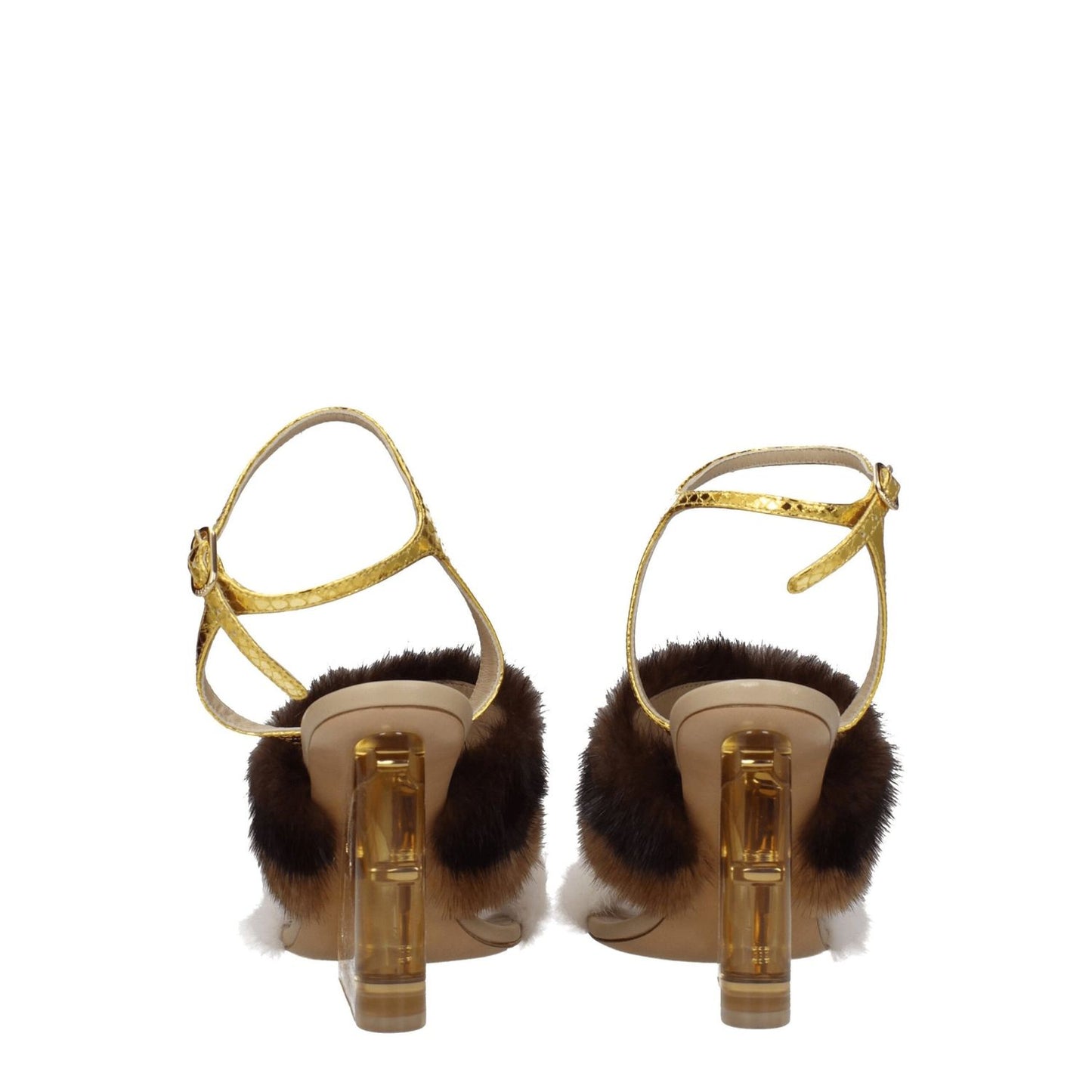 Fendi Brown Mink Strap-On Sandals with gold buckle closure and high heels, featuring a vintage effect and open toe design.