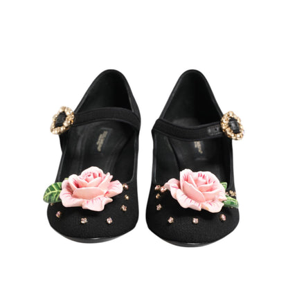 Dolce & Gabbana Black Flower Crystal Embellished Mary Jane Shoes Dolce & Gabbana