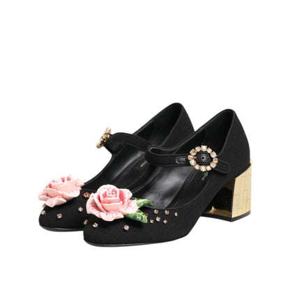 Dolce & Gabbana Black Flower Crystal Embellished Mary Jane Shoes Dolce & Gabbana