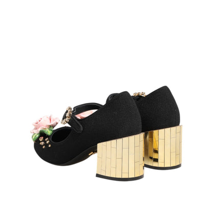 Dolce & Gabbana Black Flower Crystal Embellished Mary Jane Shoes Dolce & Gabbana