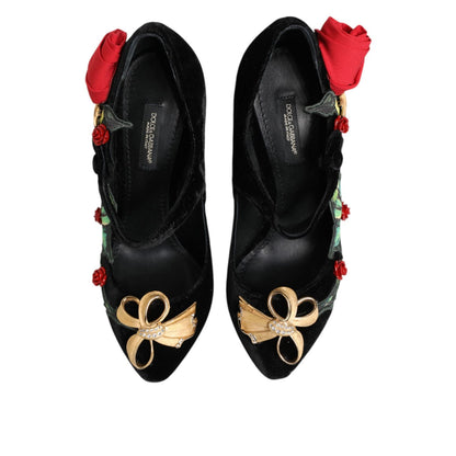 Dolce & Gabbana Black Roses Crystal Brooch Mary Jane Shoes Dolce & Gabbana