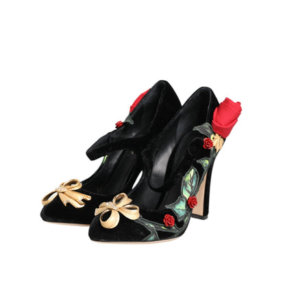 Dolce & Gabbana Black Roses Crystal Brooch Mary Jane Shoes Dolce & Gabbana