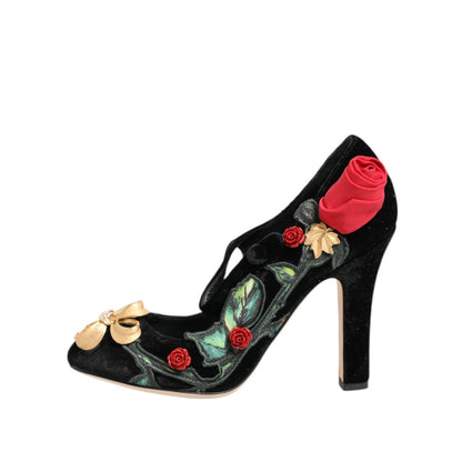 Dolce & Gabbana Black Roses Crystal Brooch Mary Jane Shoes Dolce & Gabbana