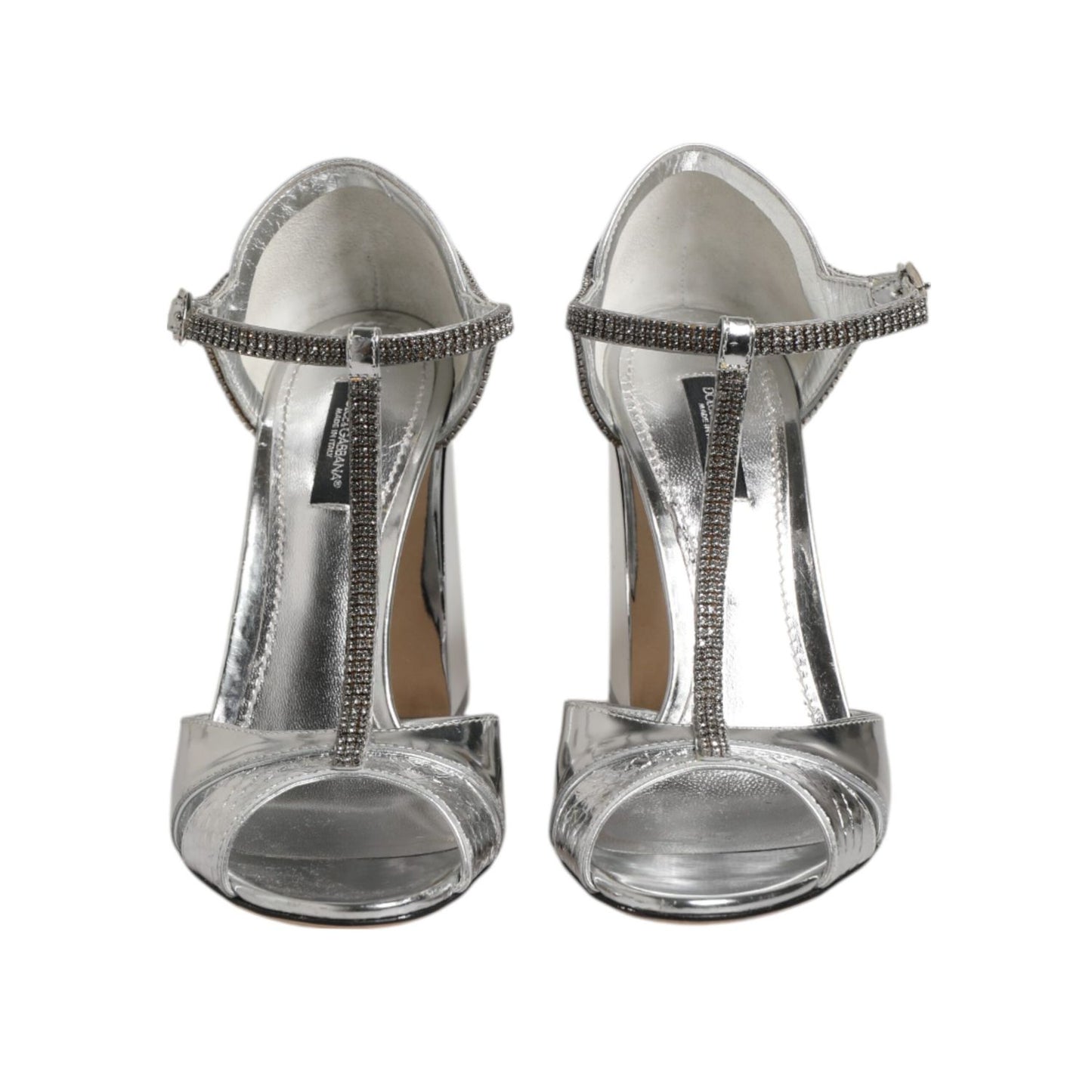 Dolce & Gabbana Silver Leather T-strap Heels Sandals Shoes