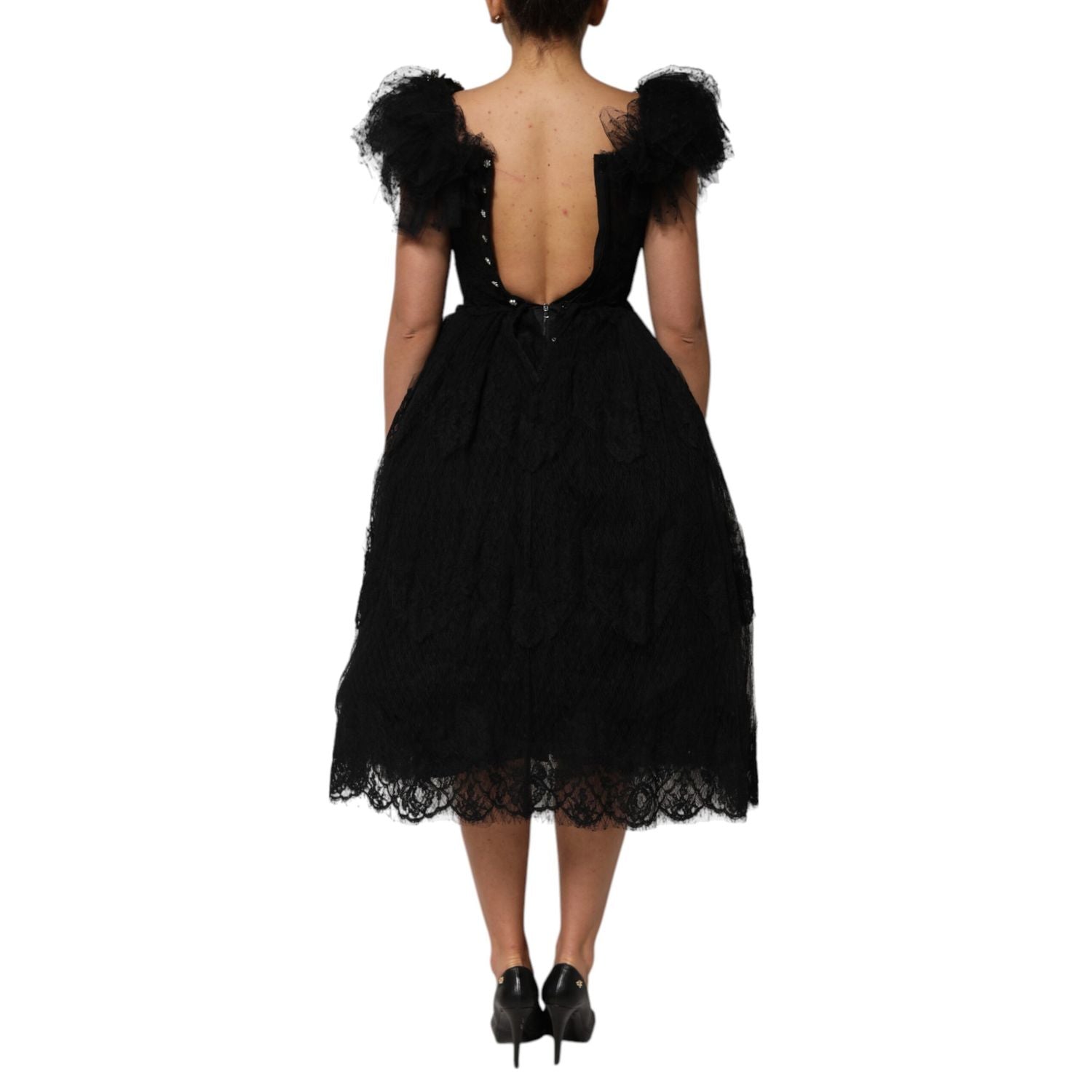 Dolce & Gabbana Black Crystal Embellished Midi A-line Dress