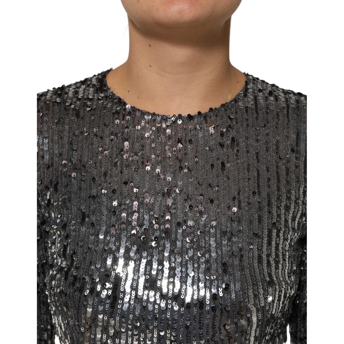 Dolce & Gabbana Black Sequined Long Sleeves Midi A-line Dress
