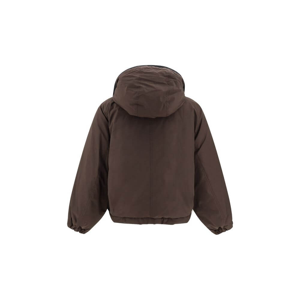 Back view of Brunello Cucinelli Brown Polyester Coat with removable hood, elastic cuffs, and hem for cold protection.