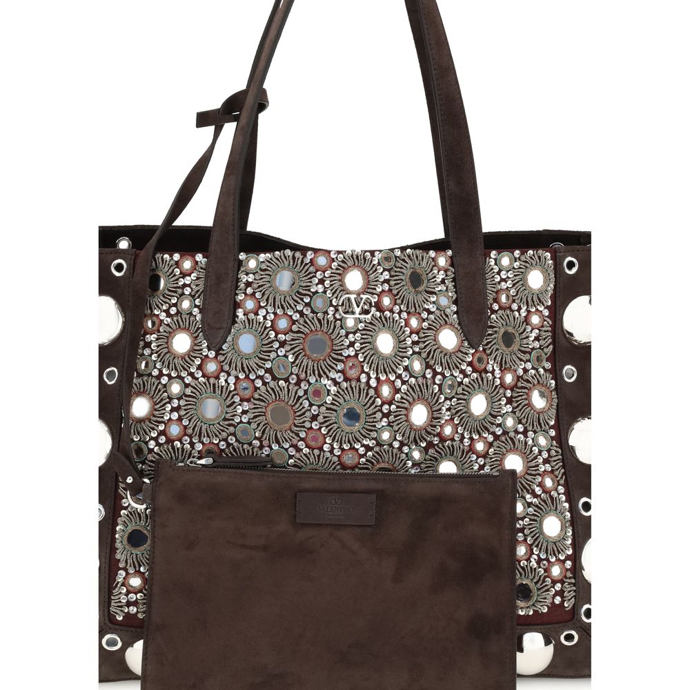 Valentino Garavani Brown Calf Leather Bos Taurus Shoulder Bag with embroidery, ball studs, and VLogo detail.
