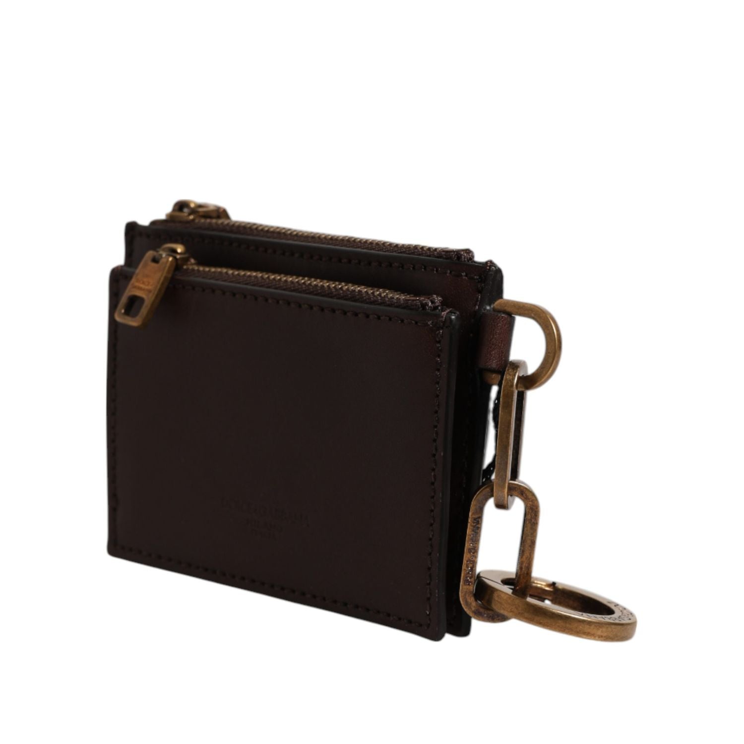 Dolce & Gabbana Brown Calf Leather Zip Logo Keyring Coin Purse Men Wallet