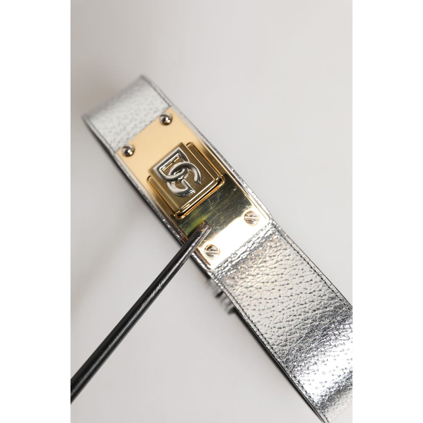 Dolce & Gabbana Silver Textured Leather Gold Tone Metal Neckband SMY11222