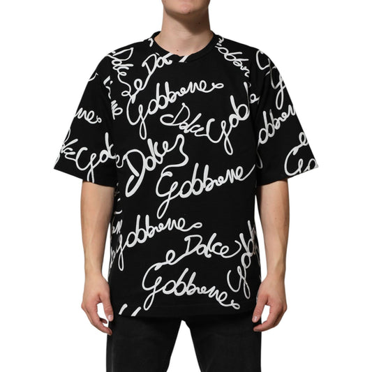 Dolce & Gabbana Black Logo Print Cotton Crew Neck T-shirt featuring a white script logo design across the front.