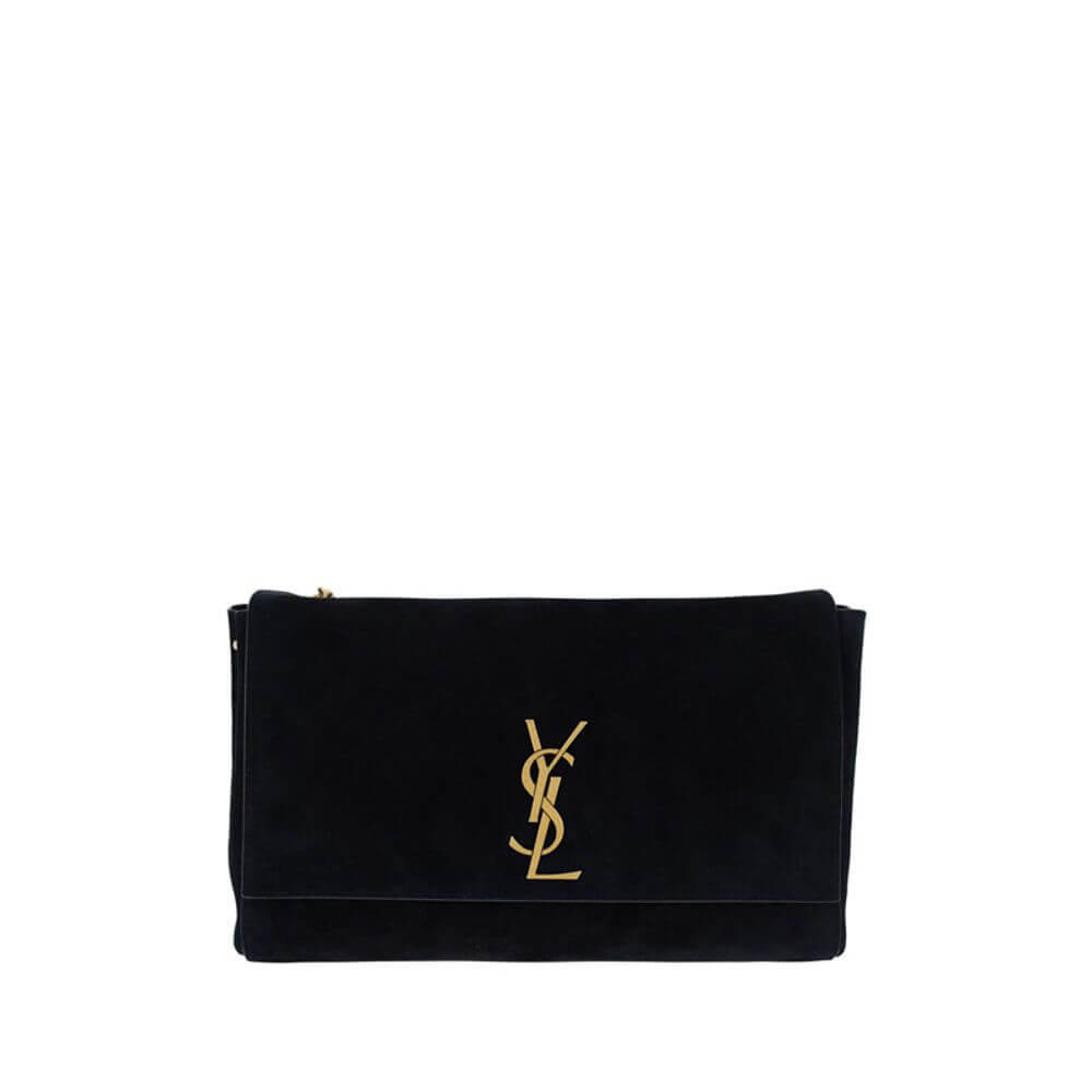 Saint Laurent Black Calf Leather Bos Taurus Shoulder Bag with monogram plaque and sliding chain strap.