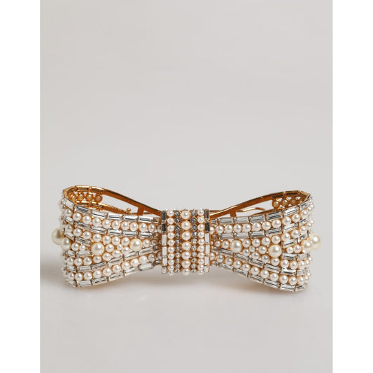 Dolce & Gabbana Gold Tone Brass Bow Crystal FauxPearl Embellished Brooch, gold bow with white pearls and crystals