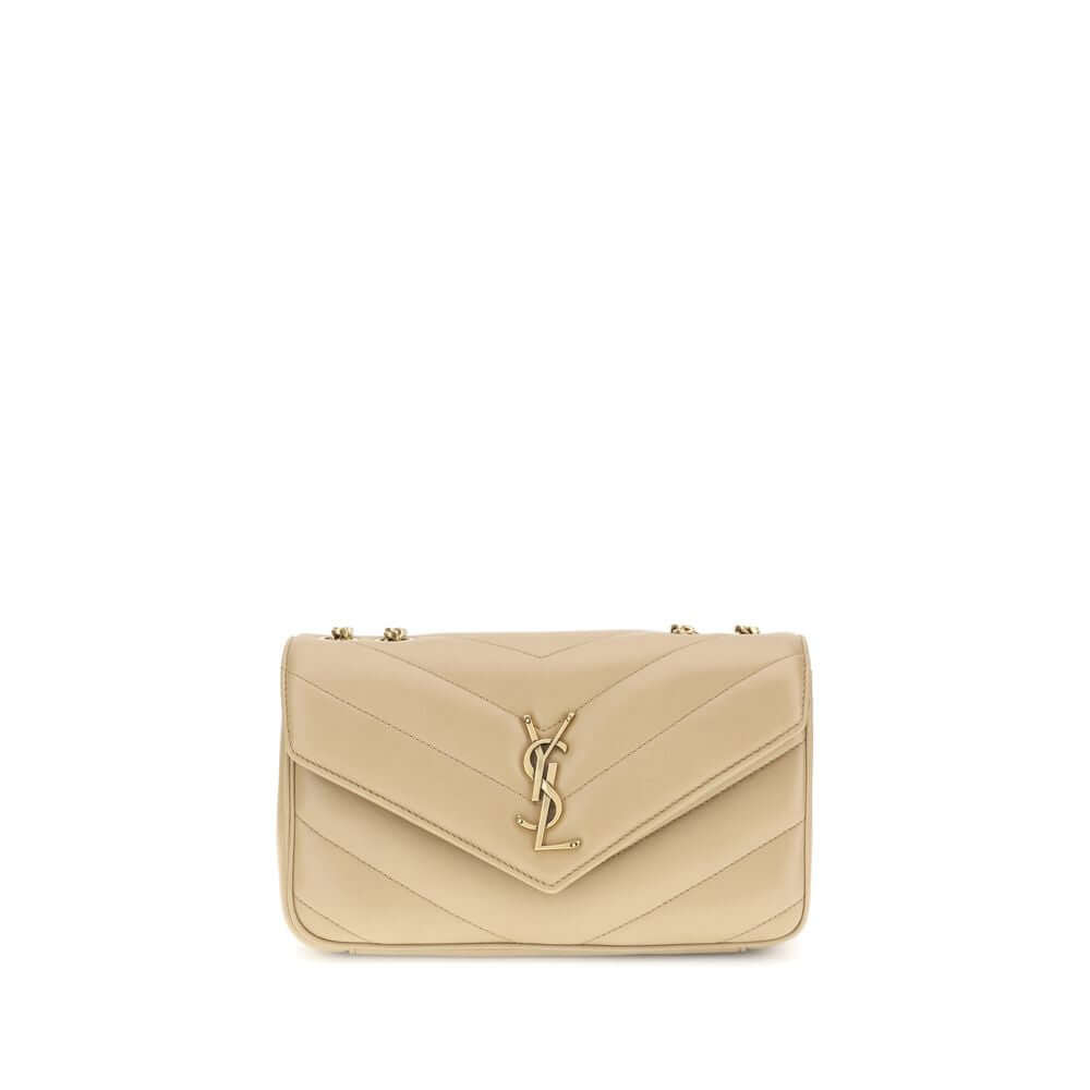 Saint Laurent Beige LouLou Shoulder Bag with quilted design and brass logo, featuring a magnetic flap closure. Suitable for shoulder or crossbody wear.