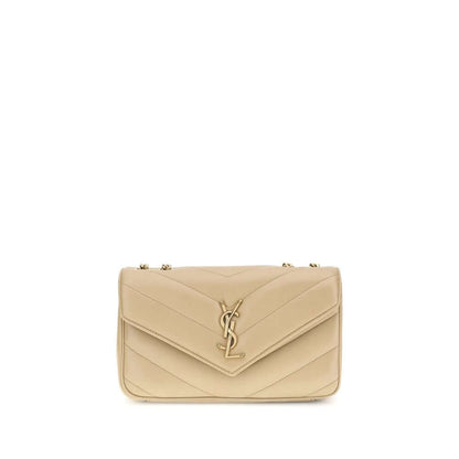 Saint Laurent Beige LouLou Shoulder Bag with quilted design and brass logo, featuring a magnetic flap closure. Suitable for shoulder or crossbody wear.