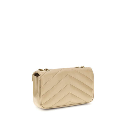 Saint Laurent Beige LouLou Shoulder Bag with quilted design and chain strap, back view showcasing elegance and style.