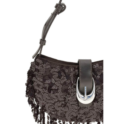 Staud Brown Polyester Shoulder Bag with sequined texture, fringed edge, and silver moon-shaped buckle detail.