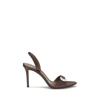 Giuseppe Zanotti Brown Silk Stiletto Heel Sandals with rhinestone detail, slingback design, and almond toe for elegant occasions.