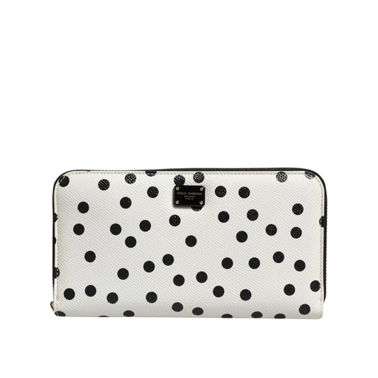 Dolce & Gabbana White Black Dotted Leather Zip Around Continental Wallet