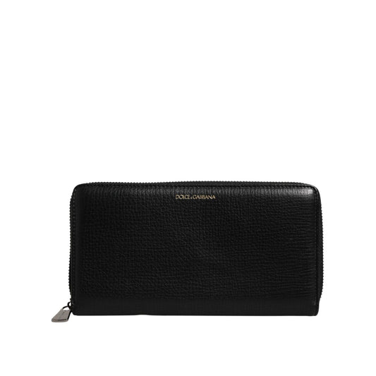 Dolce & Gabbana Black Calfskin Leather Logo Zip Around Continental Wallet with zipper closure and logo detail, made in Italy.