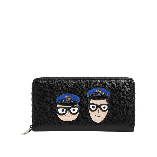 Dolce & Gabbana Black Leather #DGFAMILY Zipper Continental Mens Wallet with multicolor graphic leather appliques and zip closure.