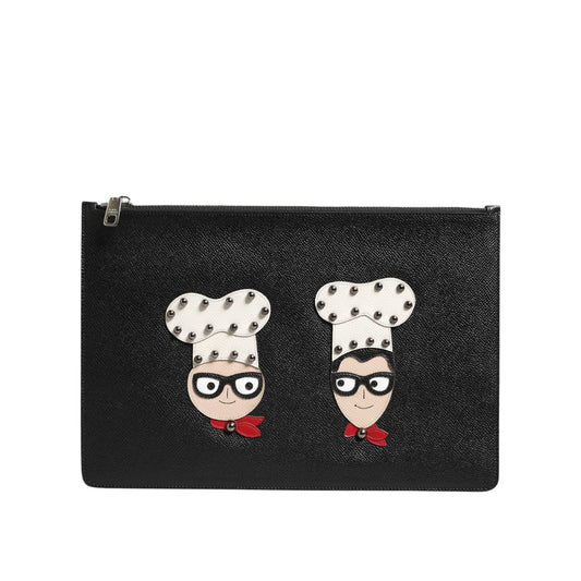 Dolce & Gabbana Black Leather #DGFAMILY Embellished Men Clutch Pouch Bag with chef graphic appliques and zipper closure.